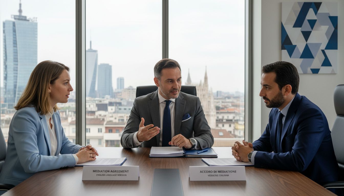 Mediation process in Italy showing mediator facilitating discussion between two parties