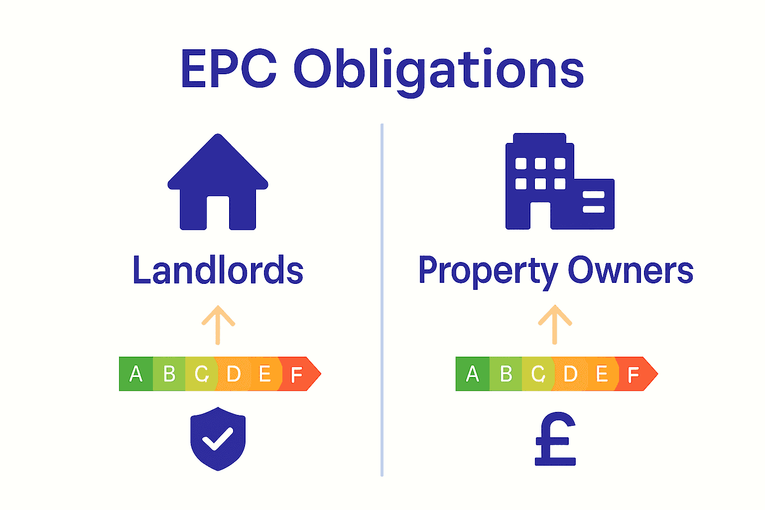 Infographic comparing EPC legal requirements and penalties for UK landlords and property owners.