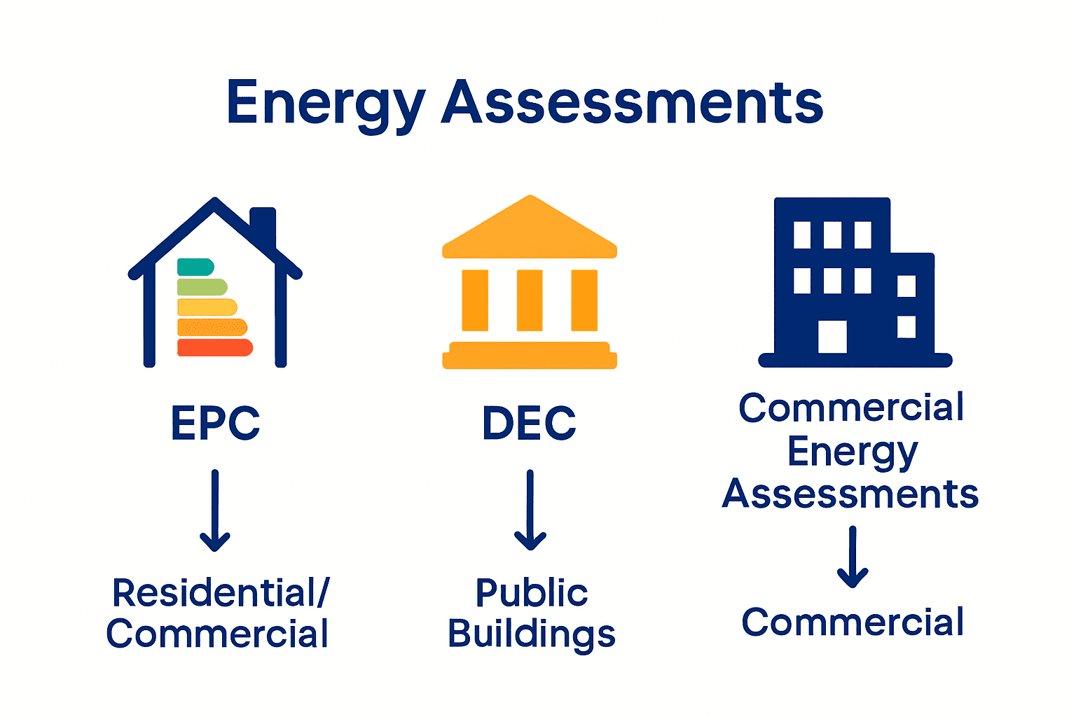 Infographic comparing EPC, DEC, and commercial energy assessment types