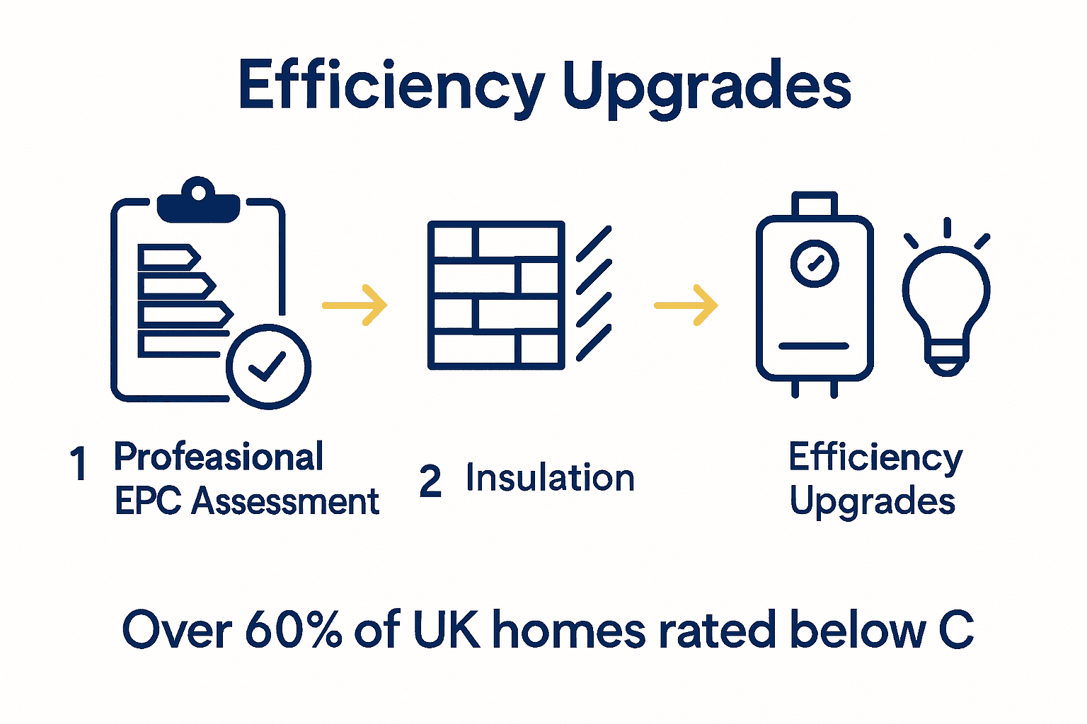 Infographic visualising EPC assessment, insulation upgrades, and efficiency improvements with UK home data.