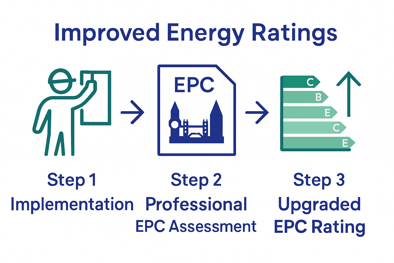 Infographic with three-step process to verify London property energy rating improvement