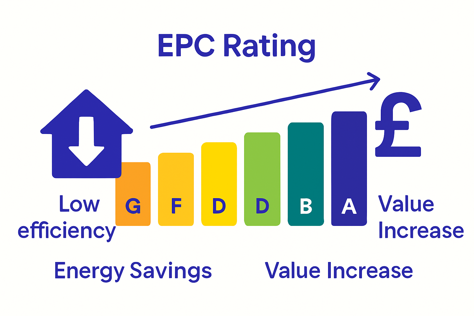 EPC rating bands A to G compared with colours and efficiency icons.