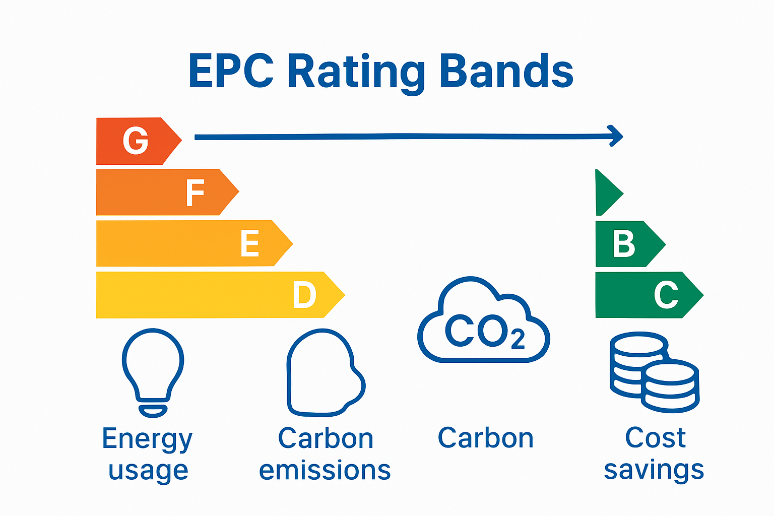 Infographic comparing EPC rating bands, energy use, and savings
