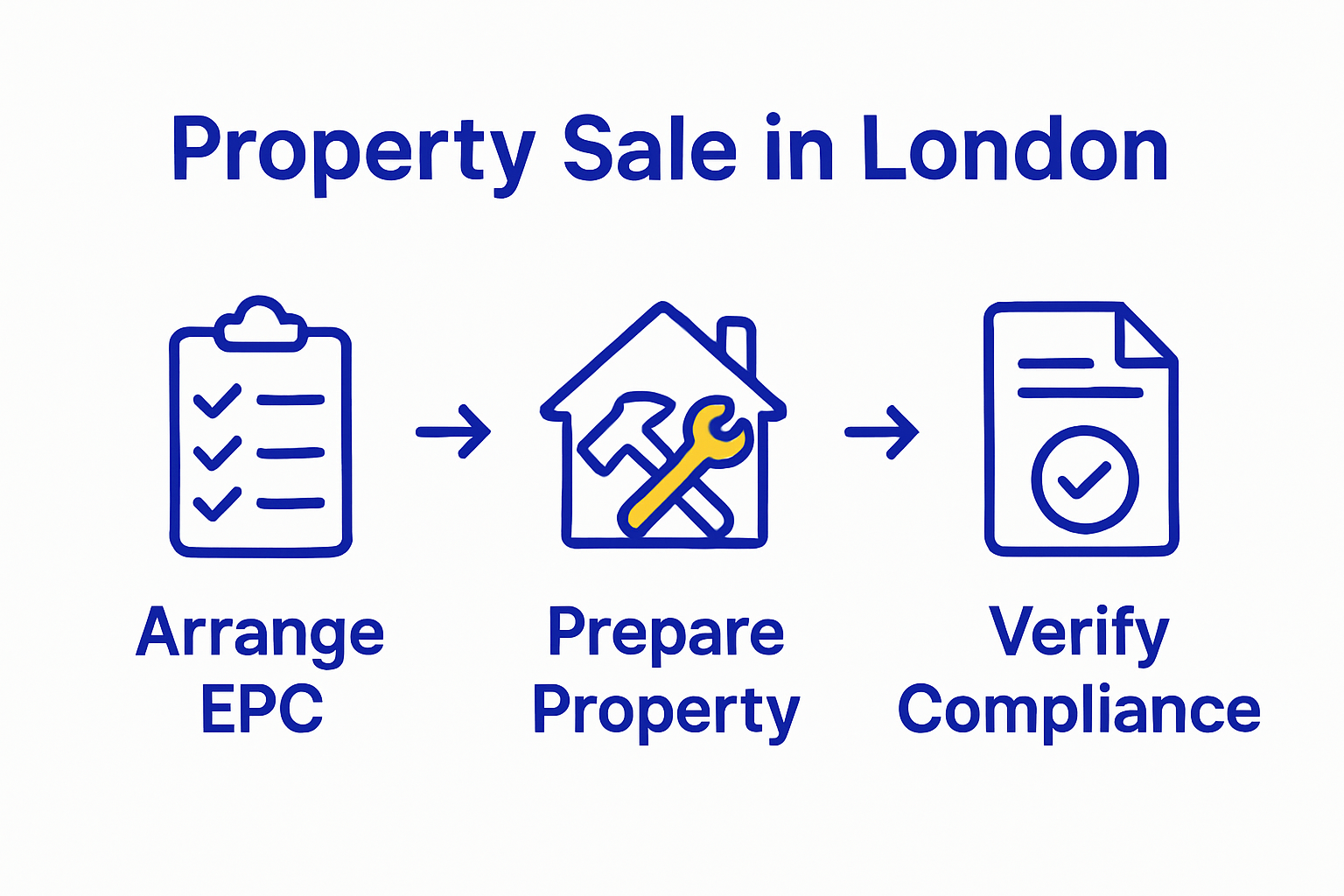 Three-step visual guide for EPC and property sale process in London.