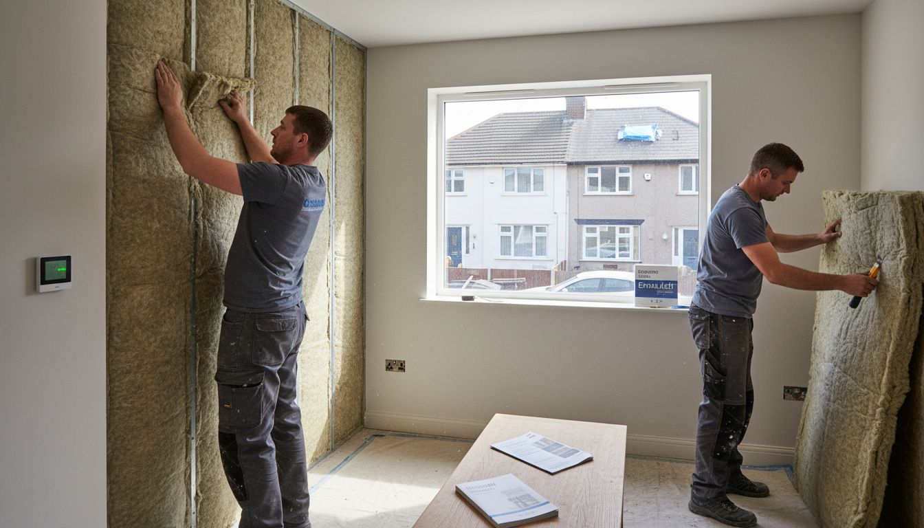 Workers installing insulated walls in UK home