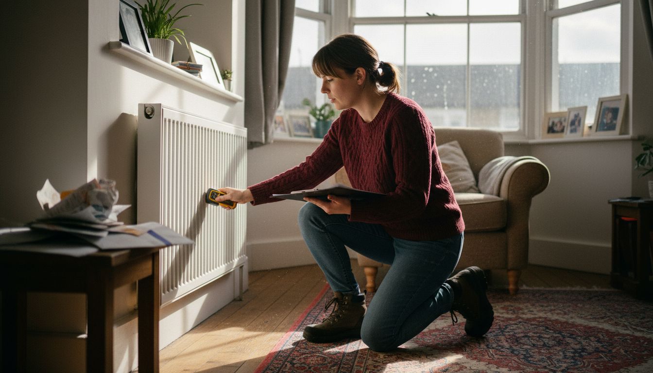 Energy assessor inspects London flat radiator