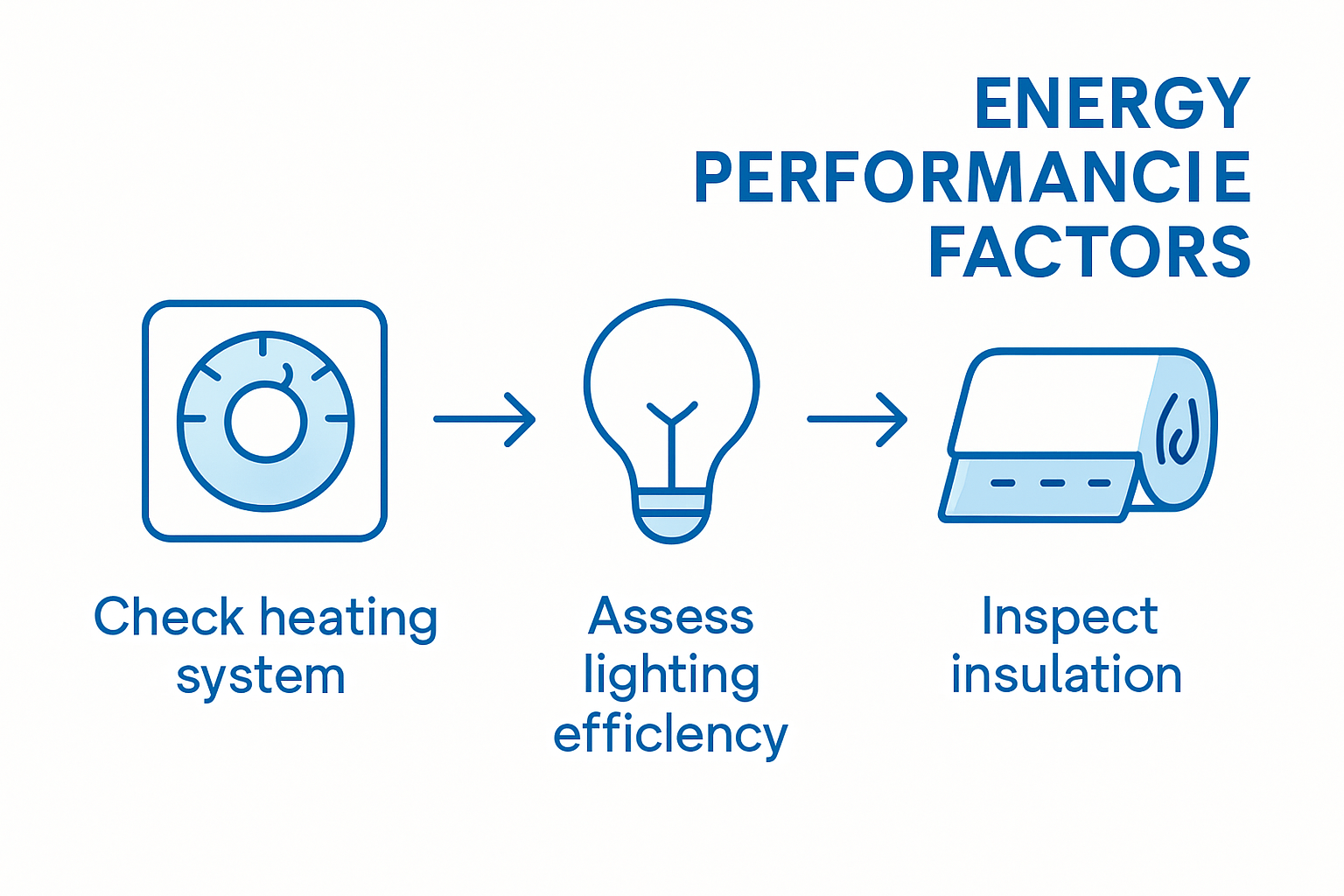 Infographic energy assessment steps: heating, lighting, insulation
