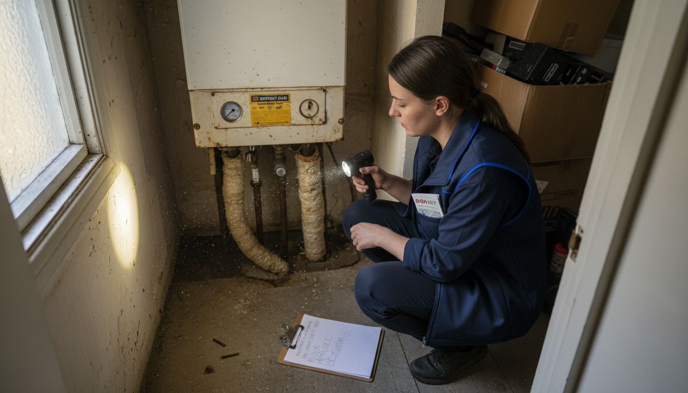 Energy assessor inspecting old boiler system
