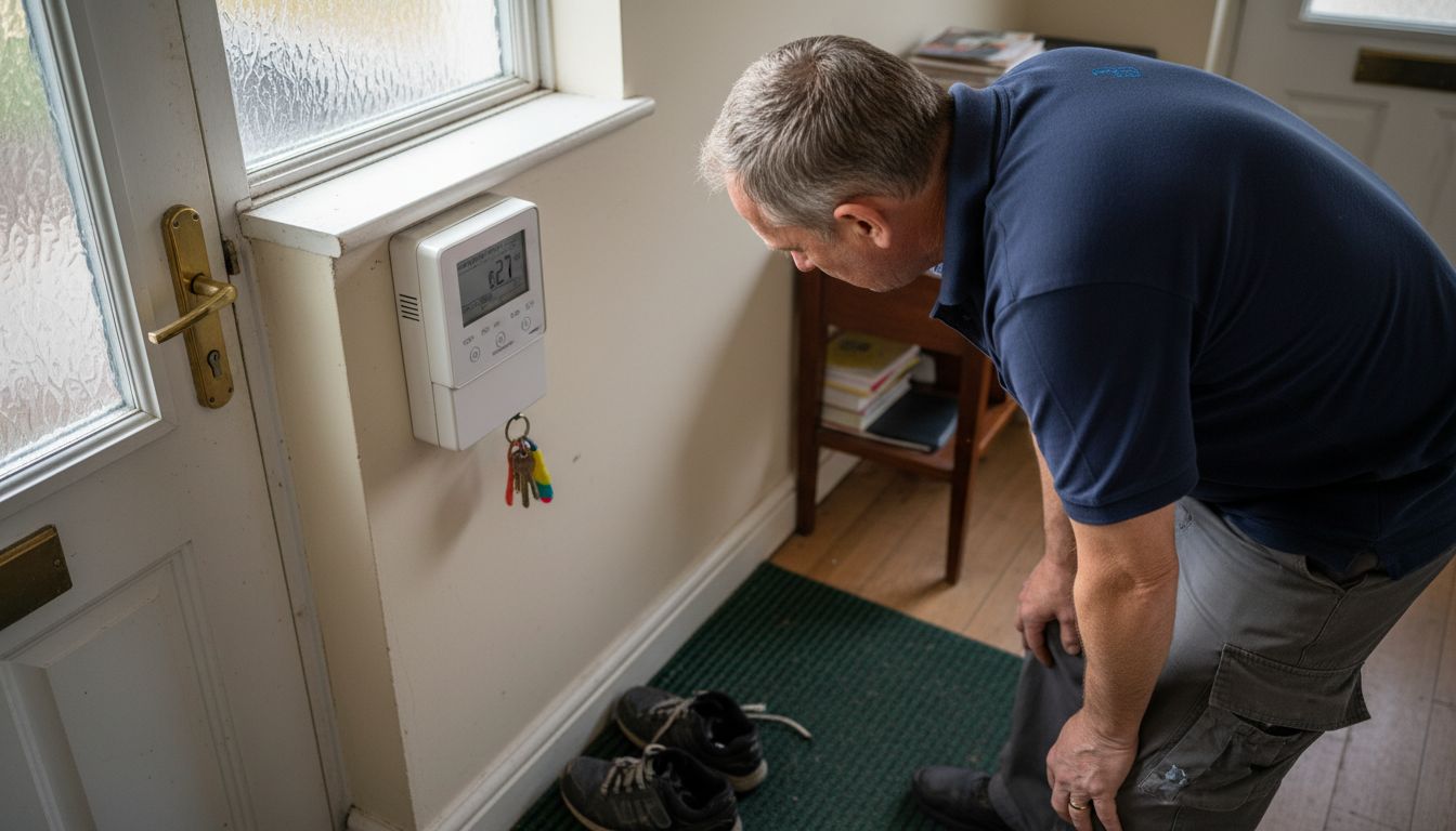 Man checking smart meter in home hallway