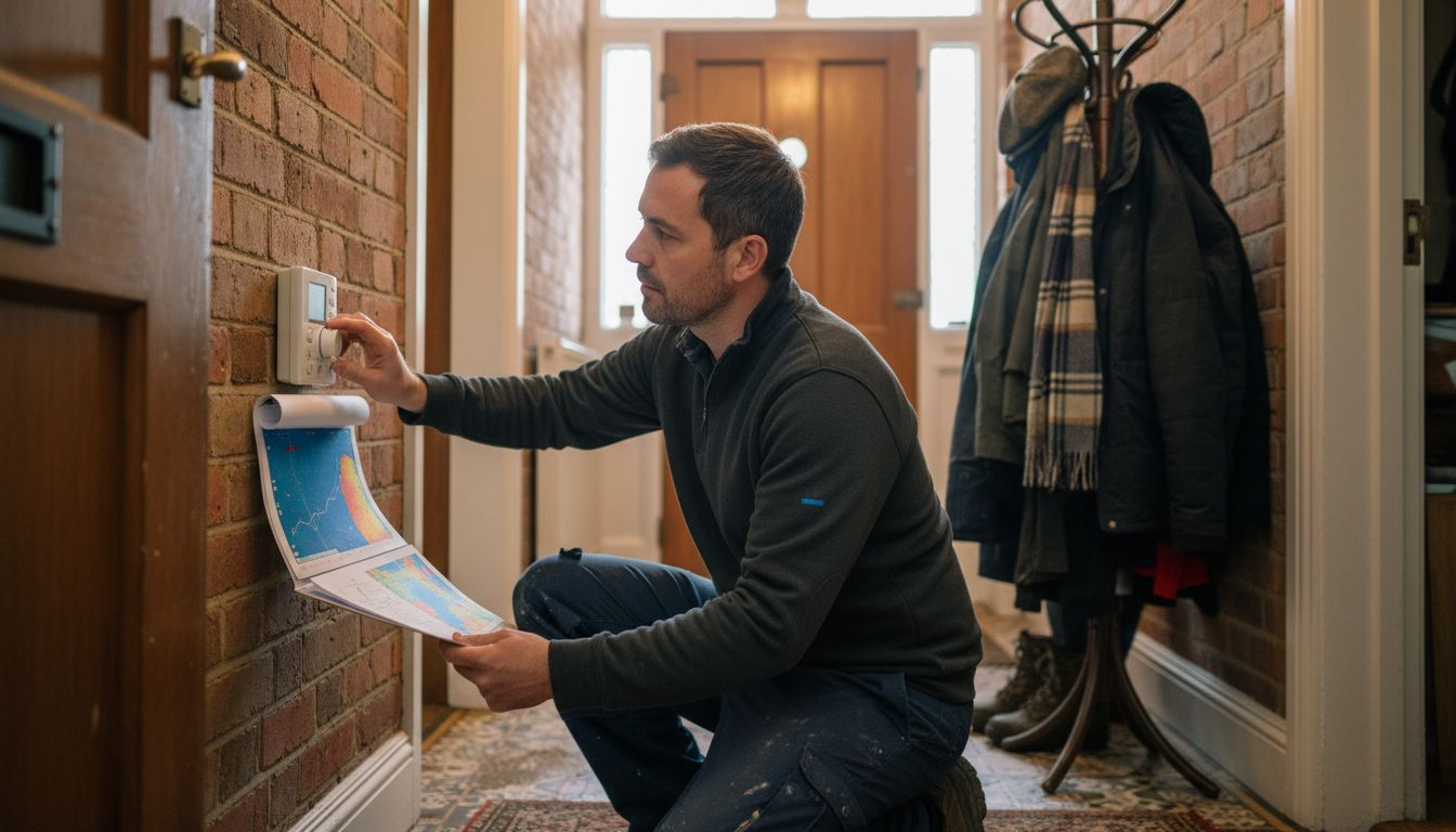 Energy assessor checks smart thermostat in hallway