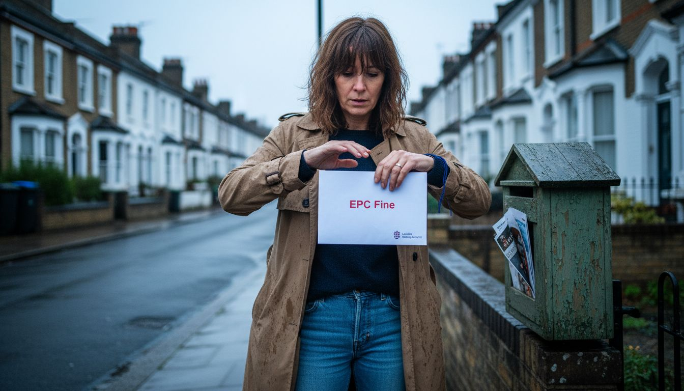 Landlord reading EPC penalty notice at mailbox