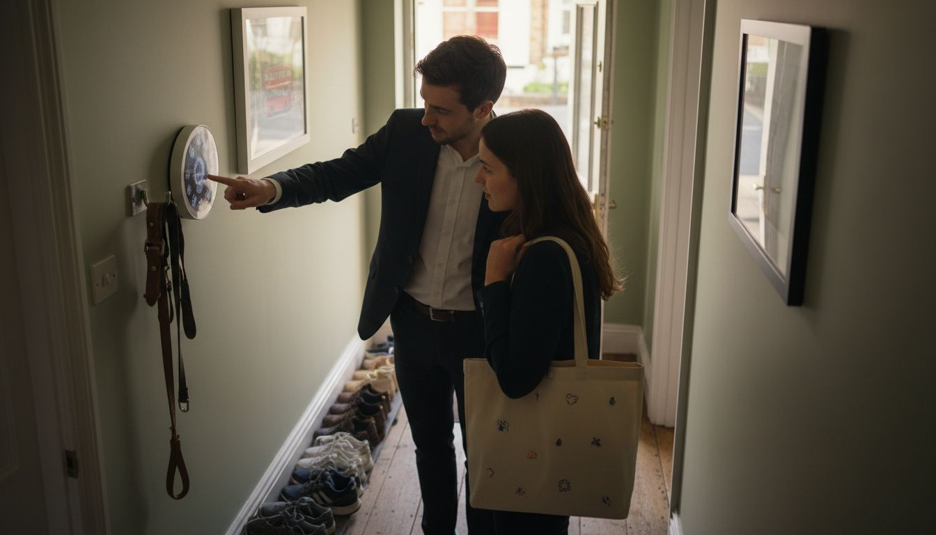 Couple adjusting wall smart thermostat London