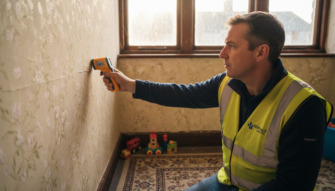Surveyor checking wall insulation for heat loss