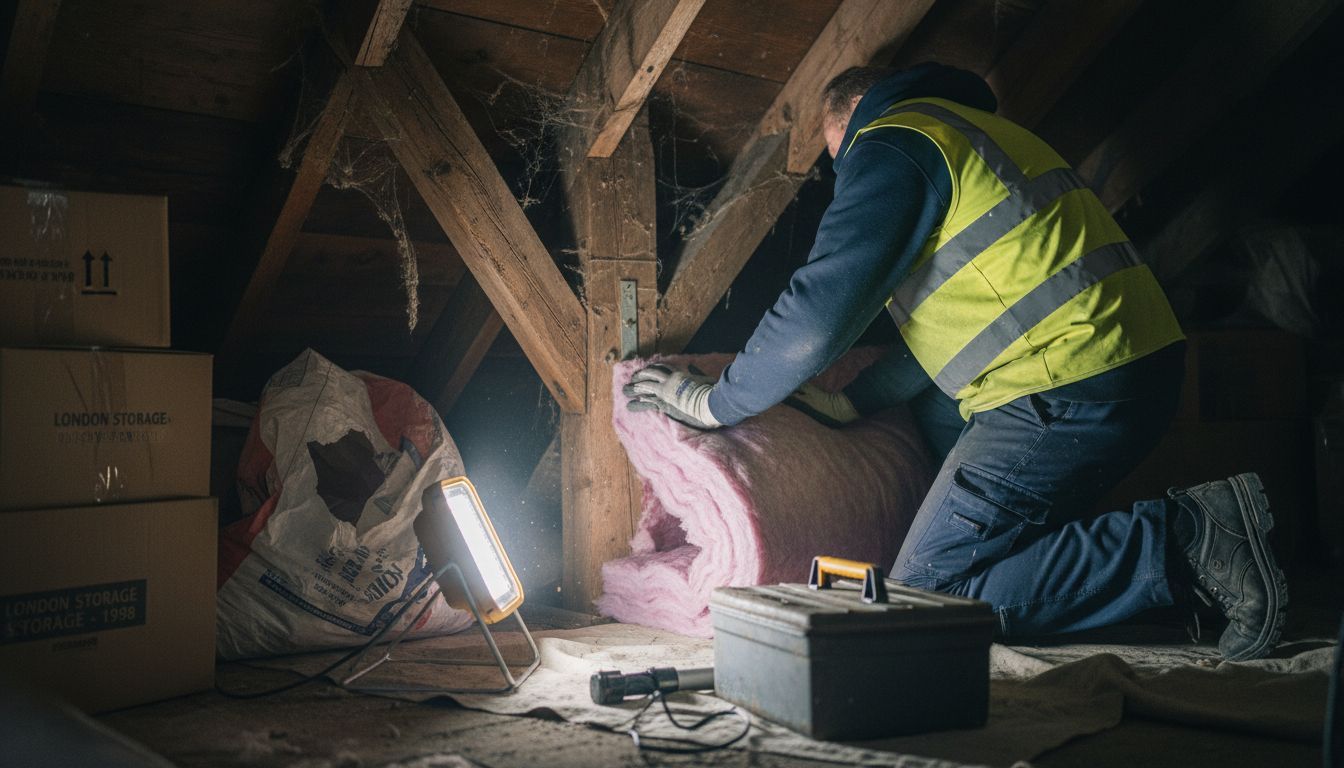 Worker installing insulation in London property attic
