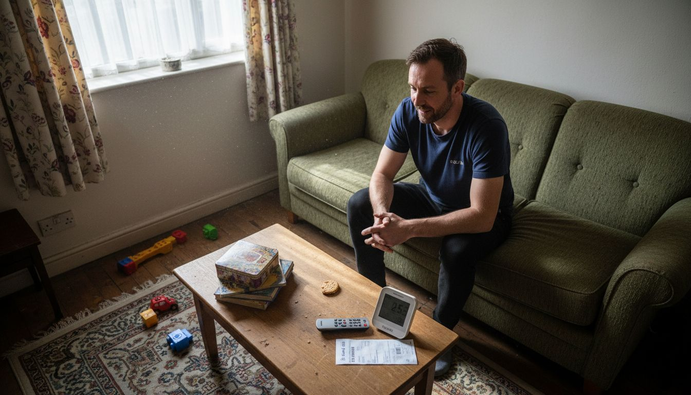 Man checking home smart meter on sofa