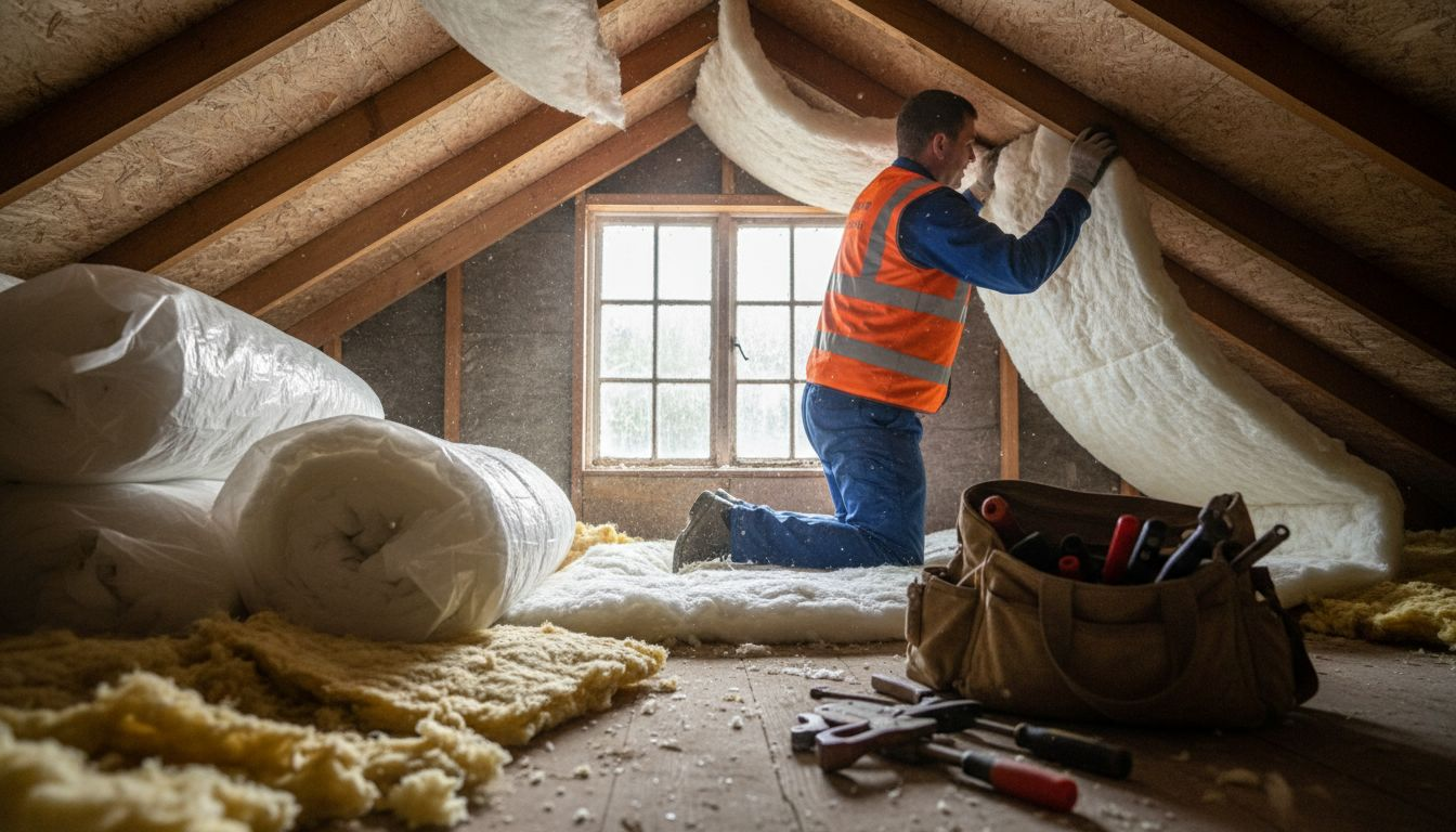 Tradesperson installing insulation in rental attic