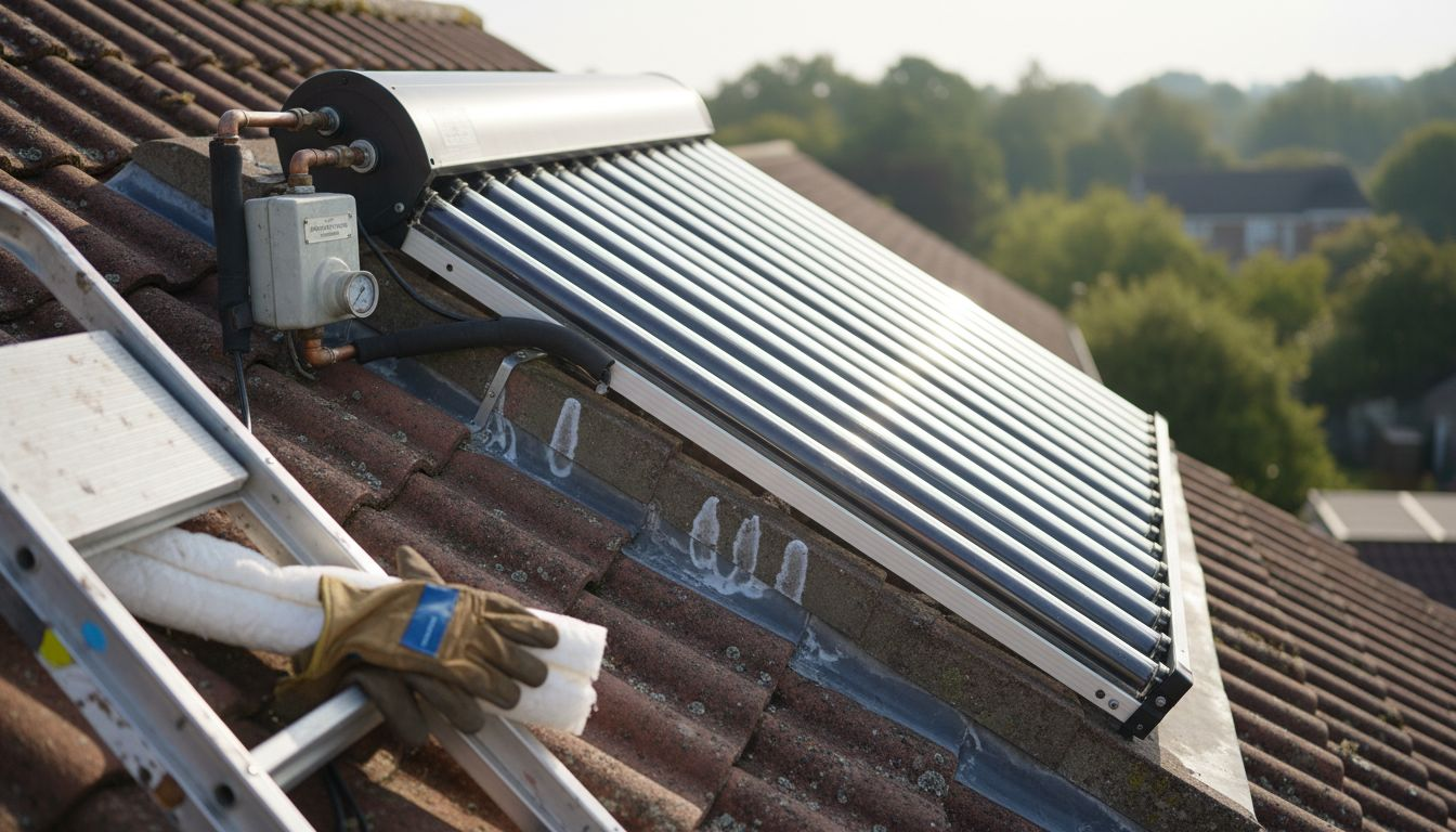 Evacuated tube solar collector close-up with piping