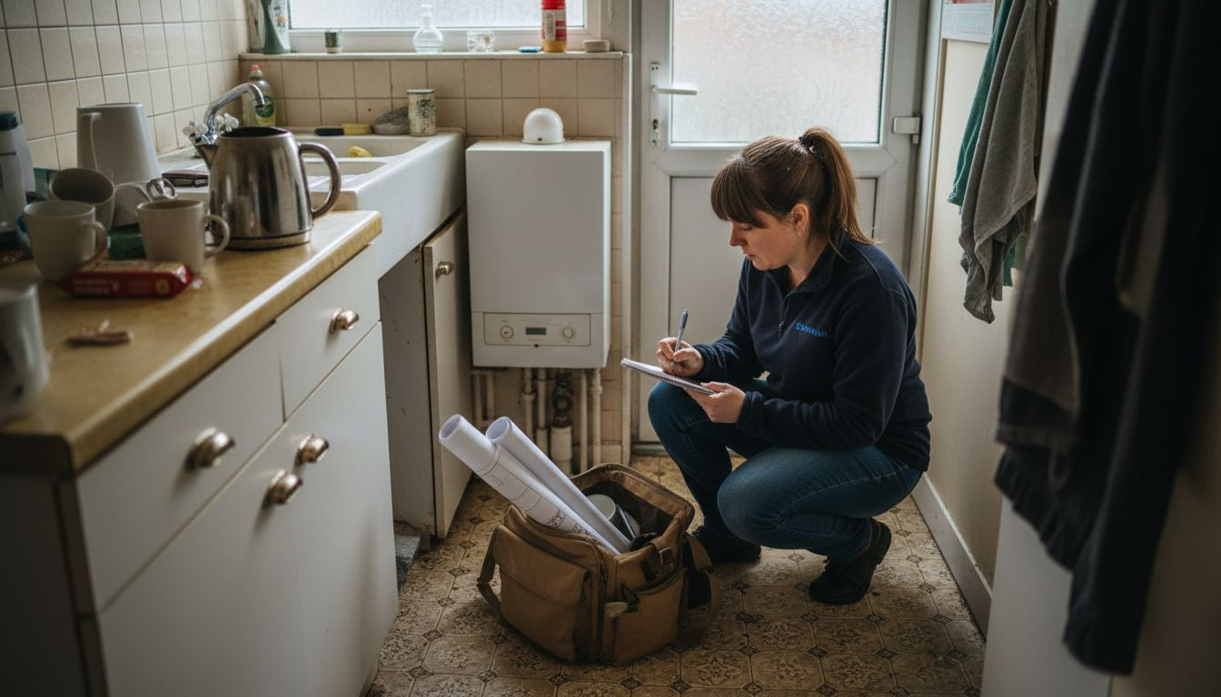 Energy assessor inspecting London kitchen boiler