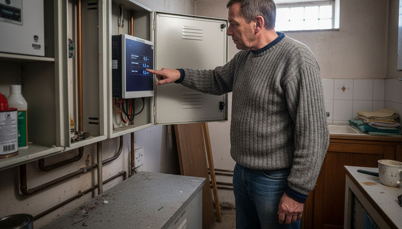 Homeowner examines solar inverter display indoors