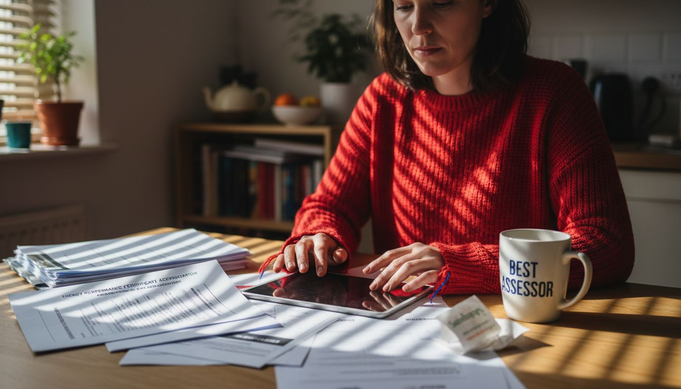 Assessor selecting EPC service at kitchen table