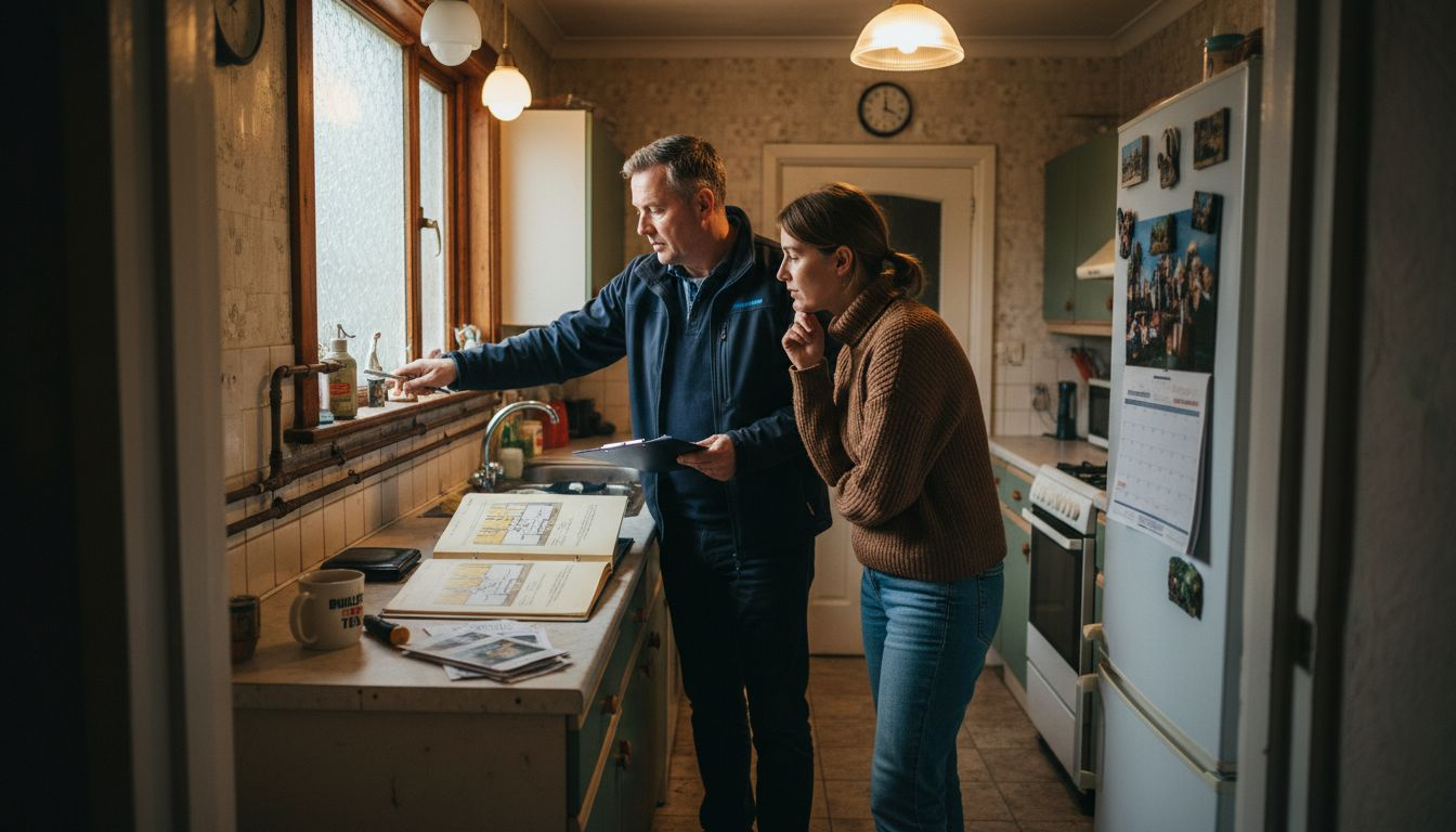 Homeowner consulting energy assessor in kitchen