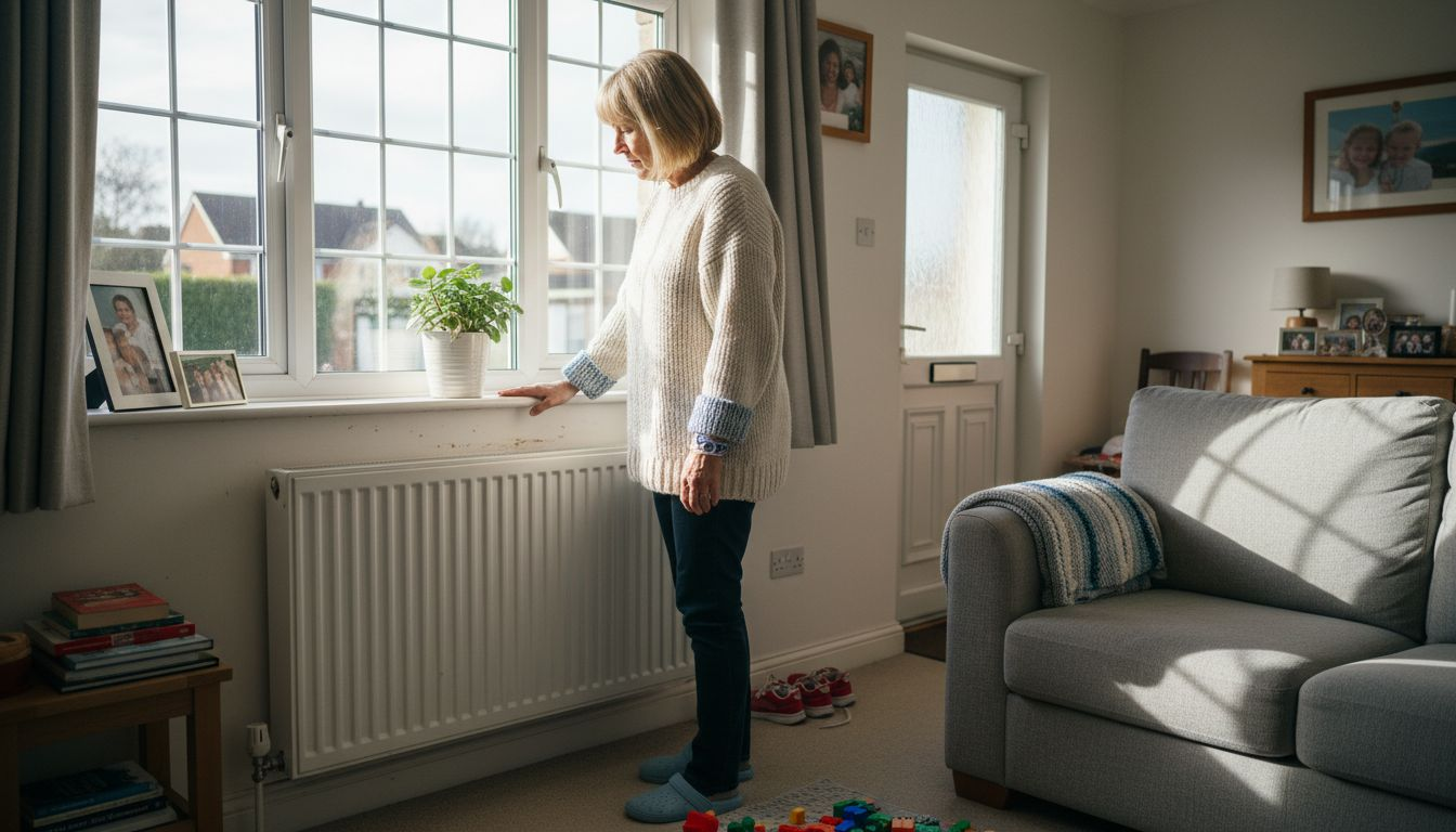 Woman checking warmth from home radiator