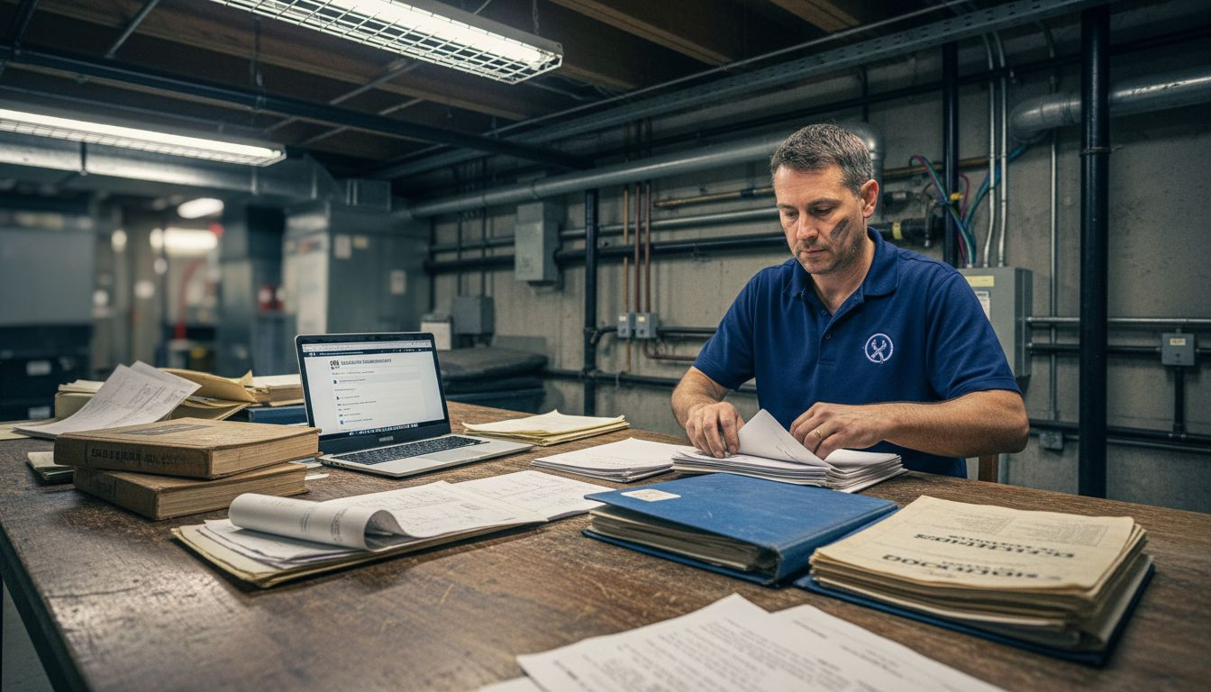 Supervisor organizing EPC documentation in utility room