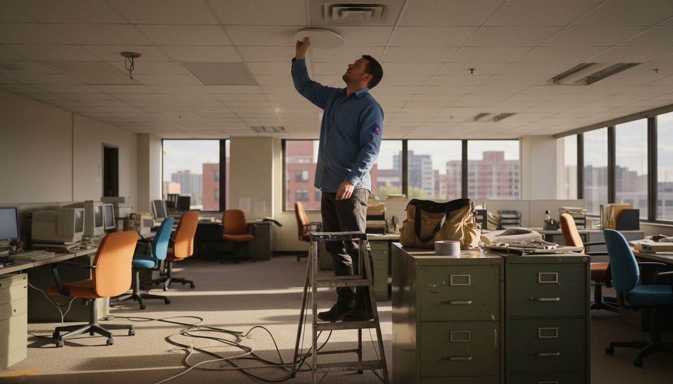 Electrician installs LED lights in older office