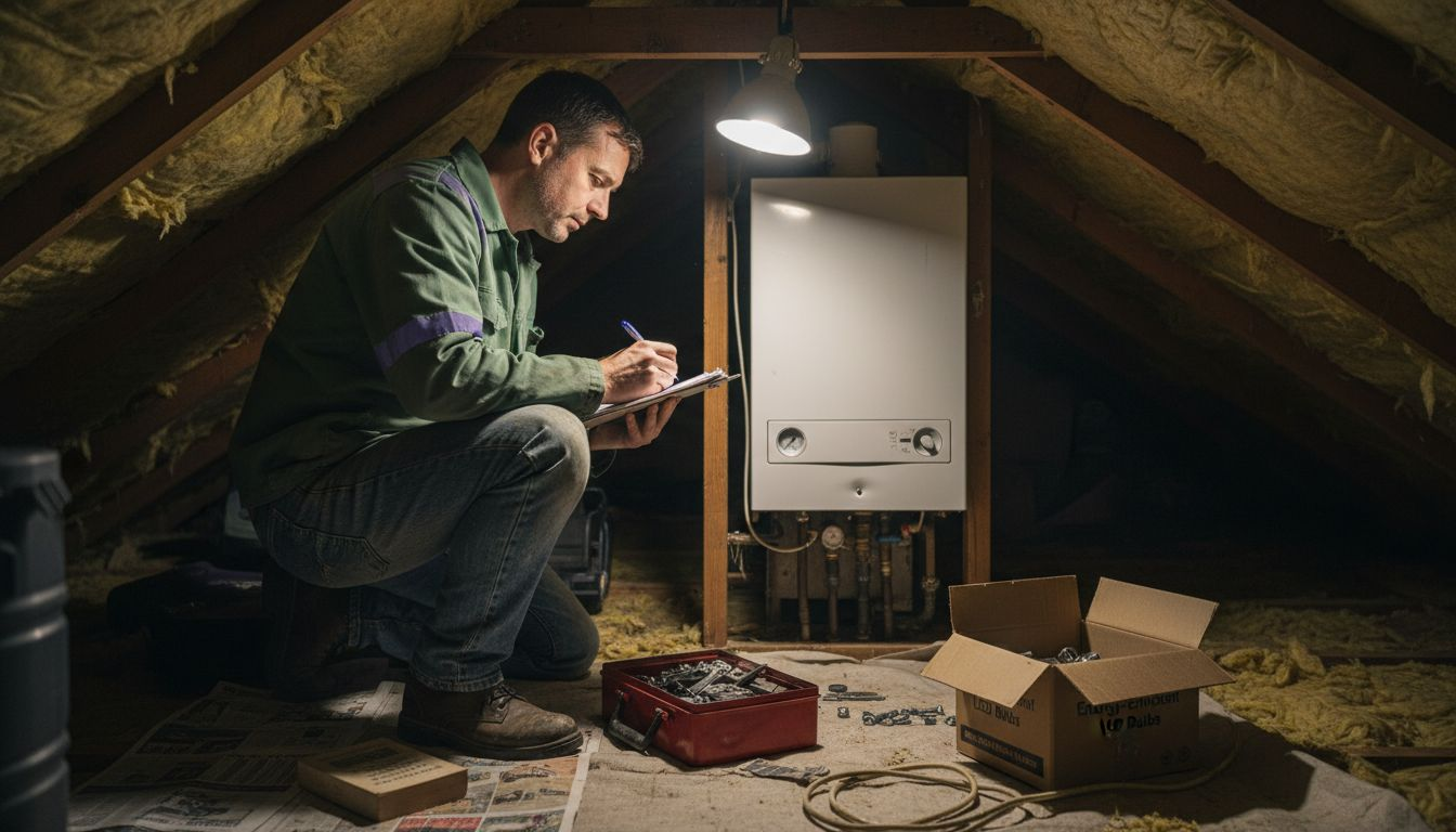 Inspector checking boiler in London loft