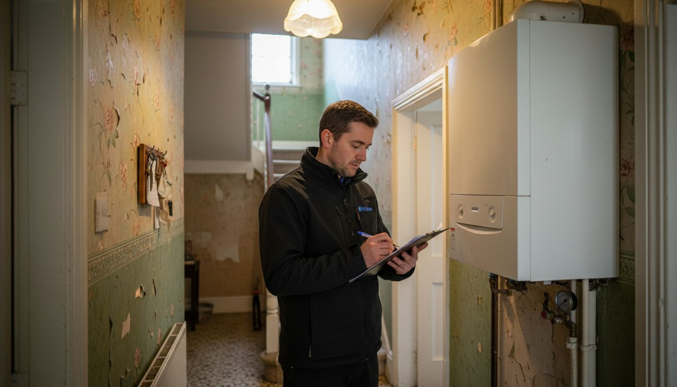 Assessor checking boiler for EPC rating