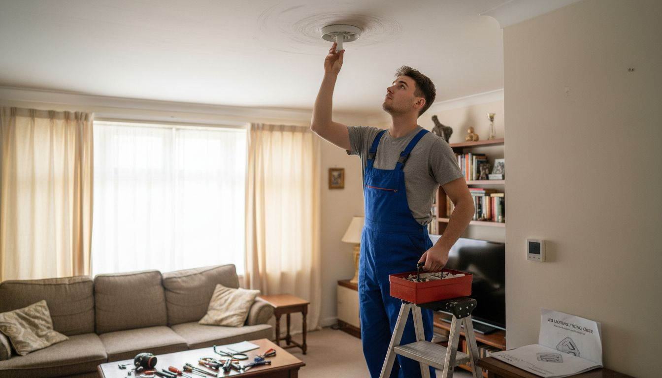 Technician installing LED bulb in rental