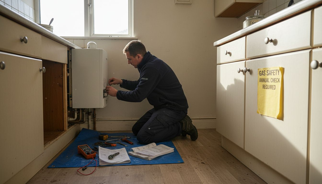 Heating engineer installing boiler in kitchen