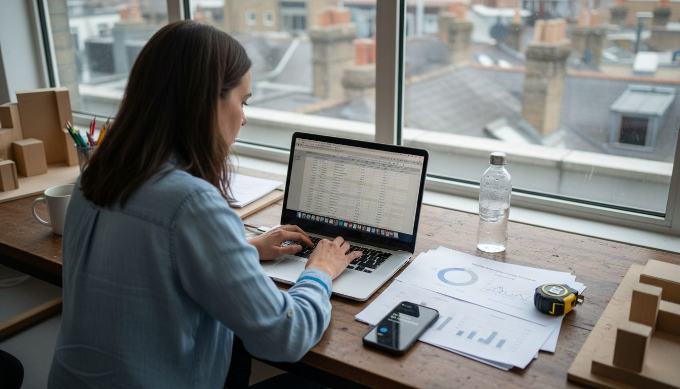 Architect calculates energy using laptop and charts