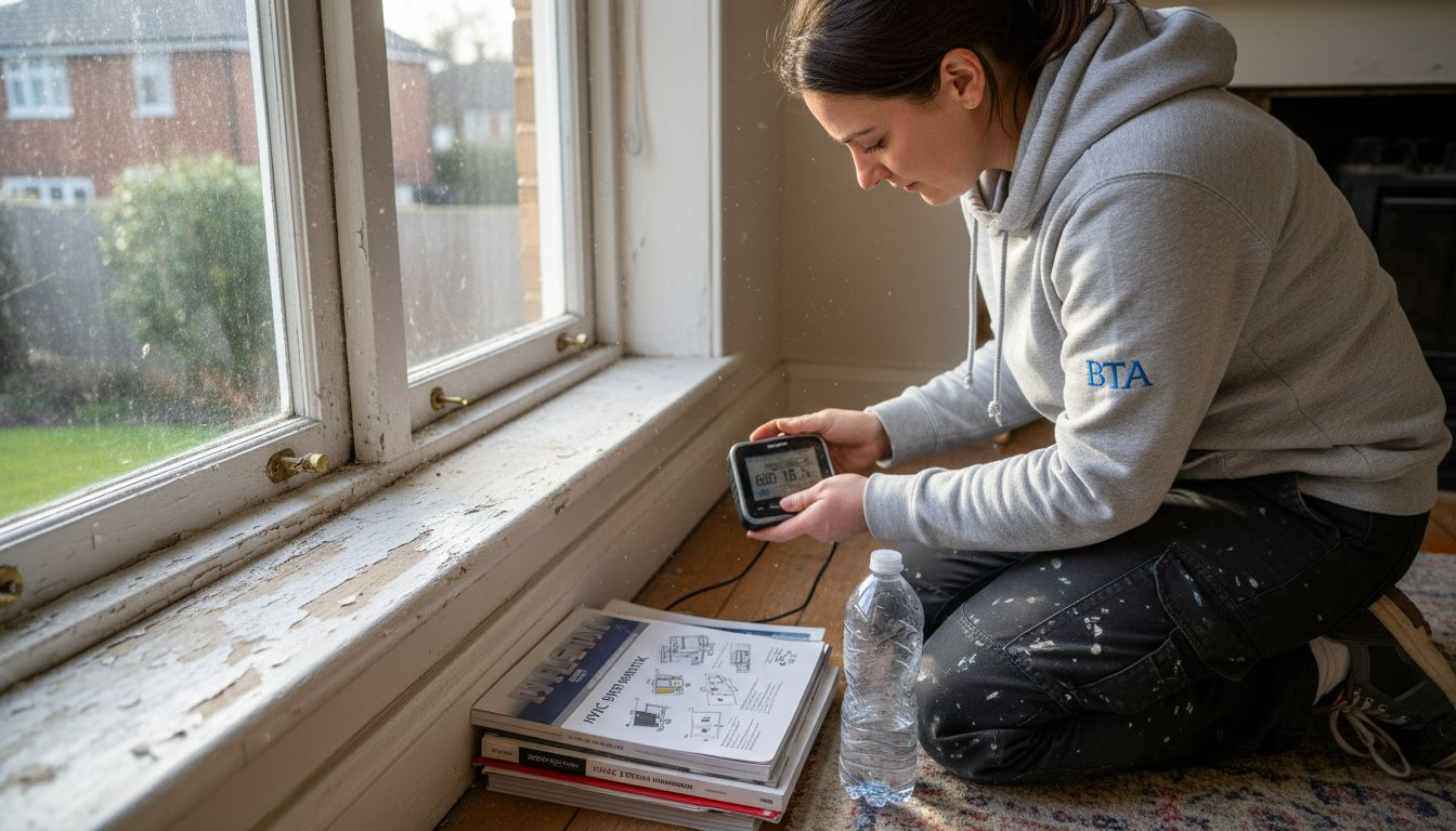 Technician assessing window for air leakage