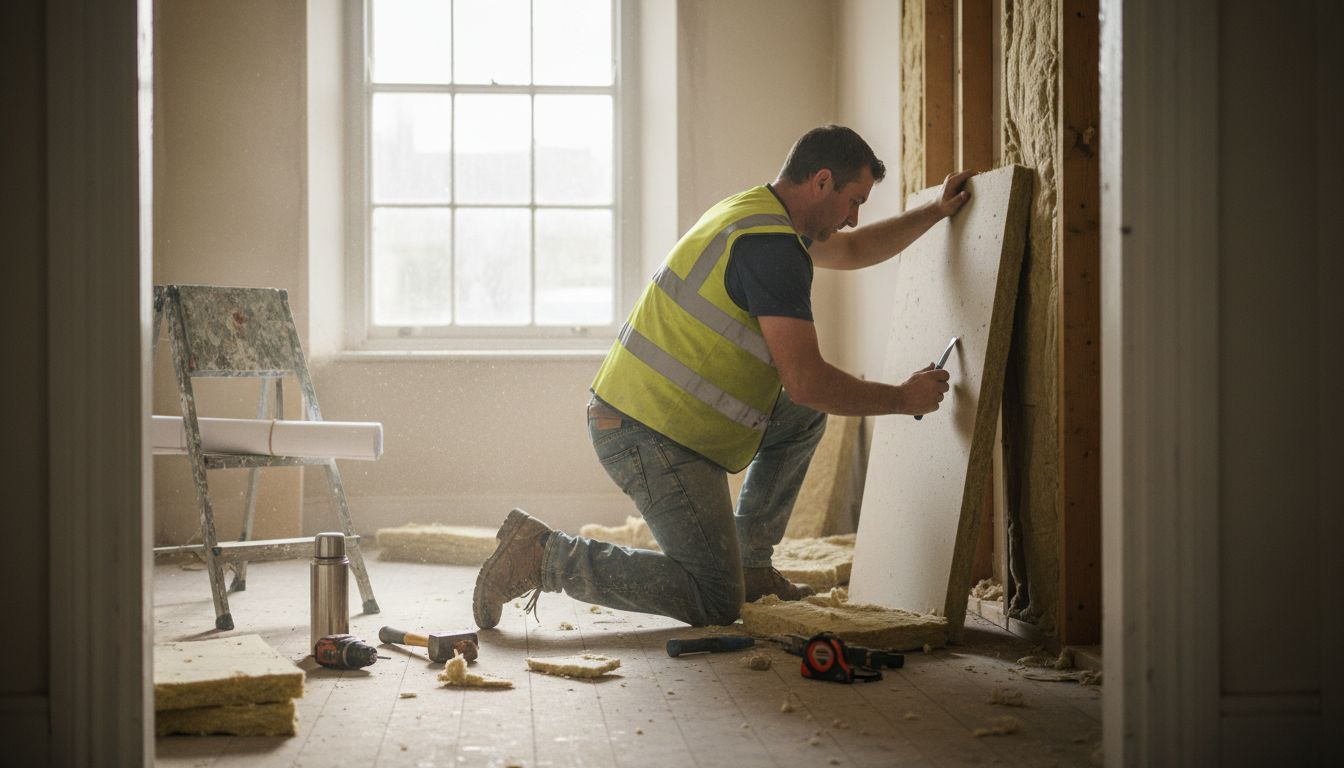 Worker installing insulation inside house renovation