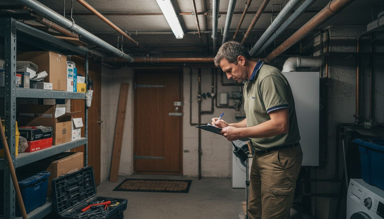 Assessor inspecting basement heating system