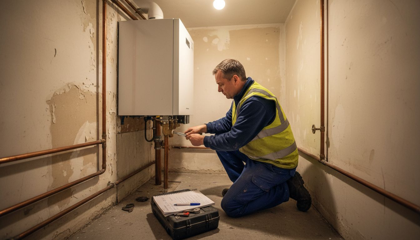 Heating engineer adjusting indoor heat pump system