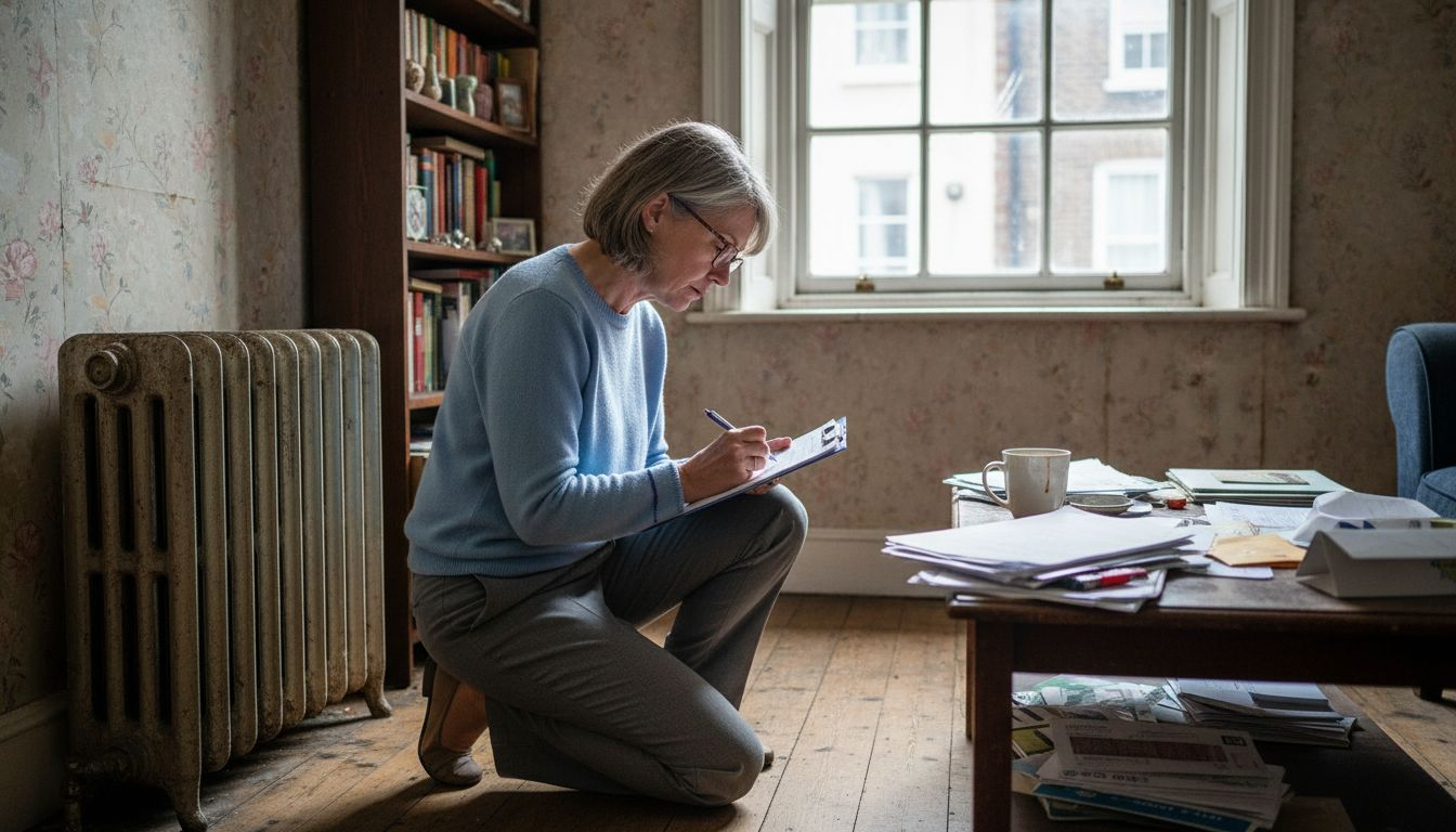 Auditor inspecting radiator during property audit