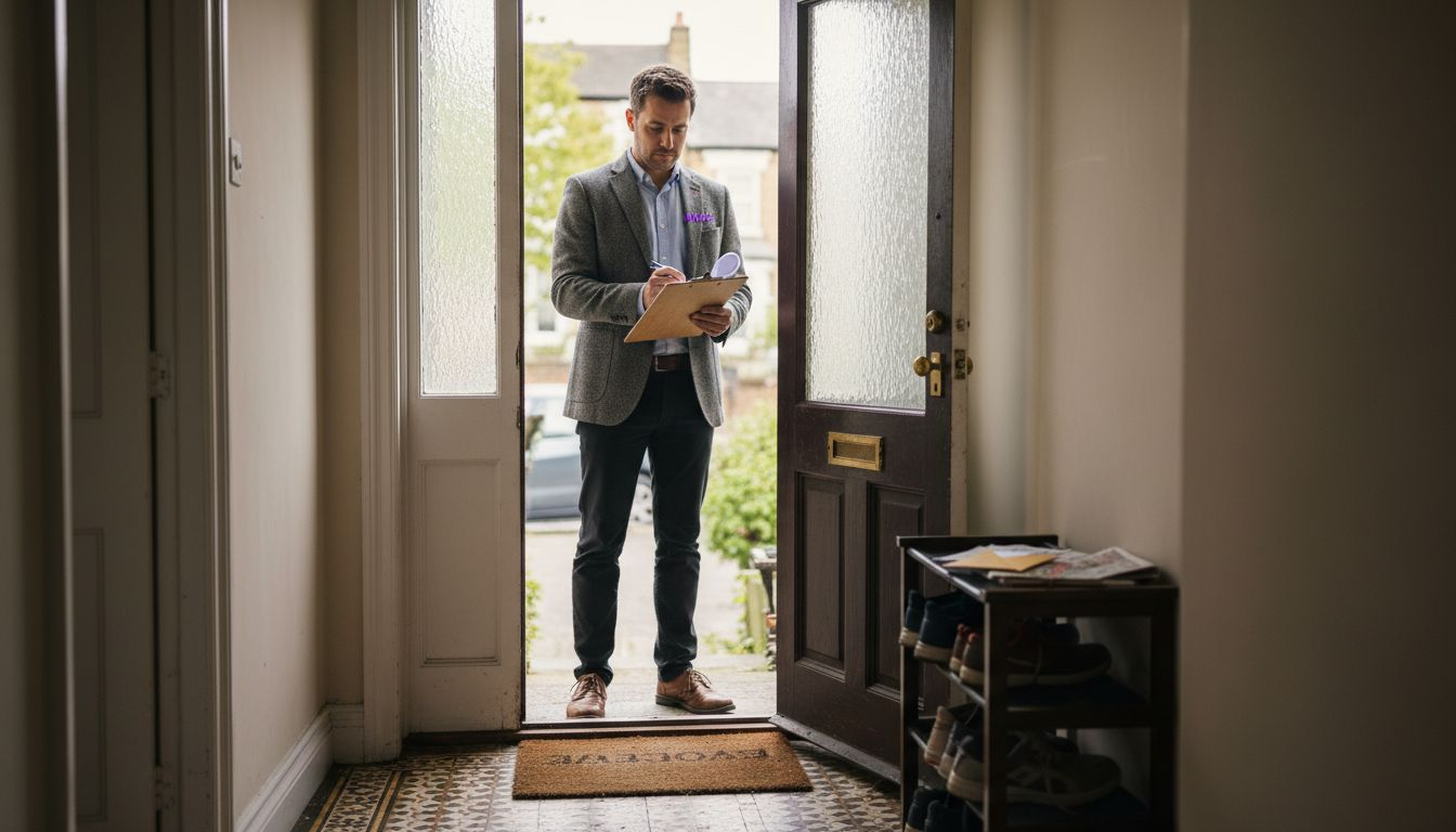 EPC assessor checks notes in London hallway