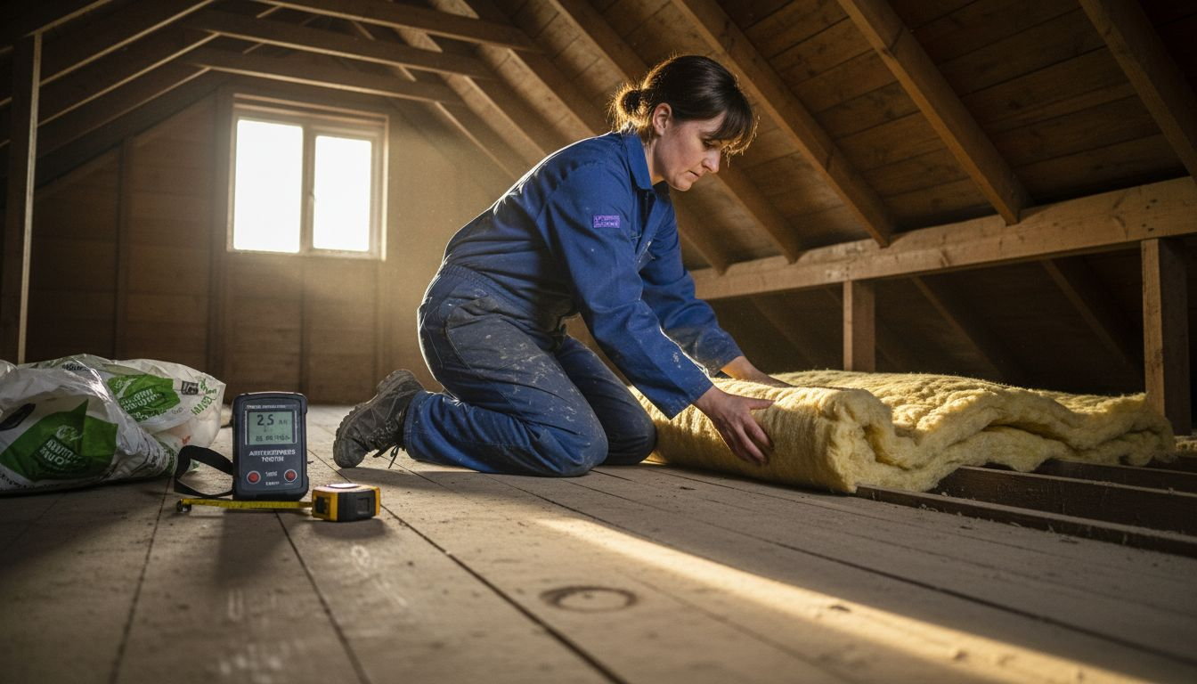 Technician installing insulation in UK attic