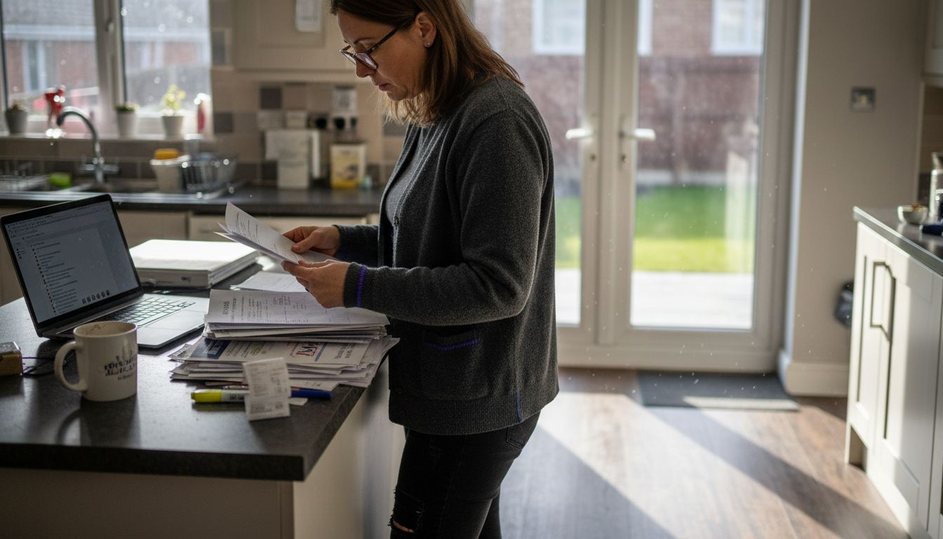 Homeowner organizing property documents on kitchen island