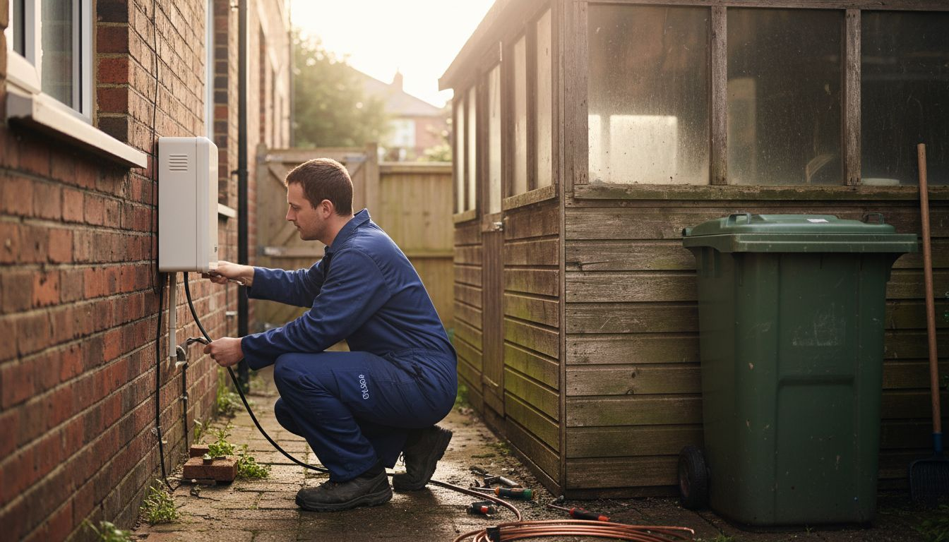 Technician installing heat pump at UK property