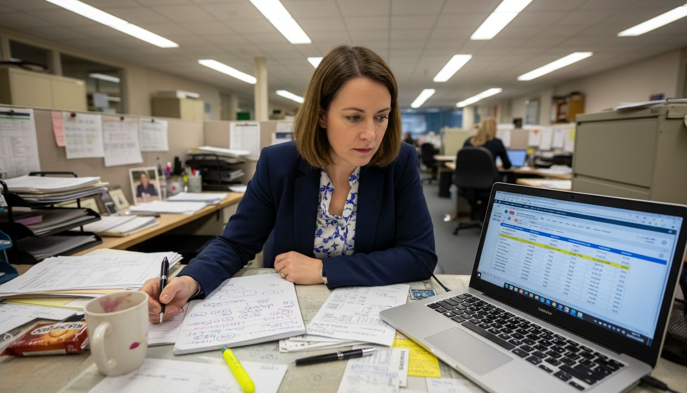 Energy assessor reviewing energy data at desk