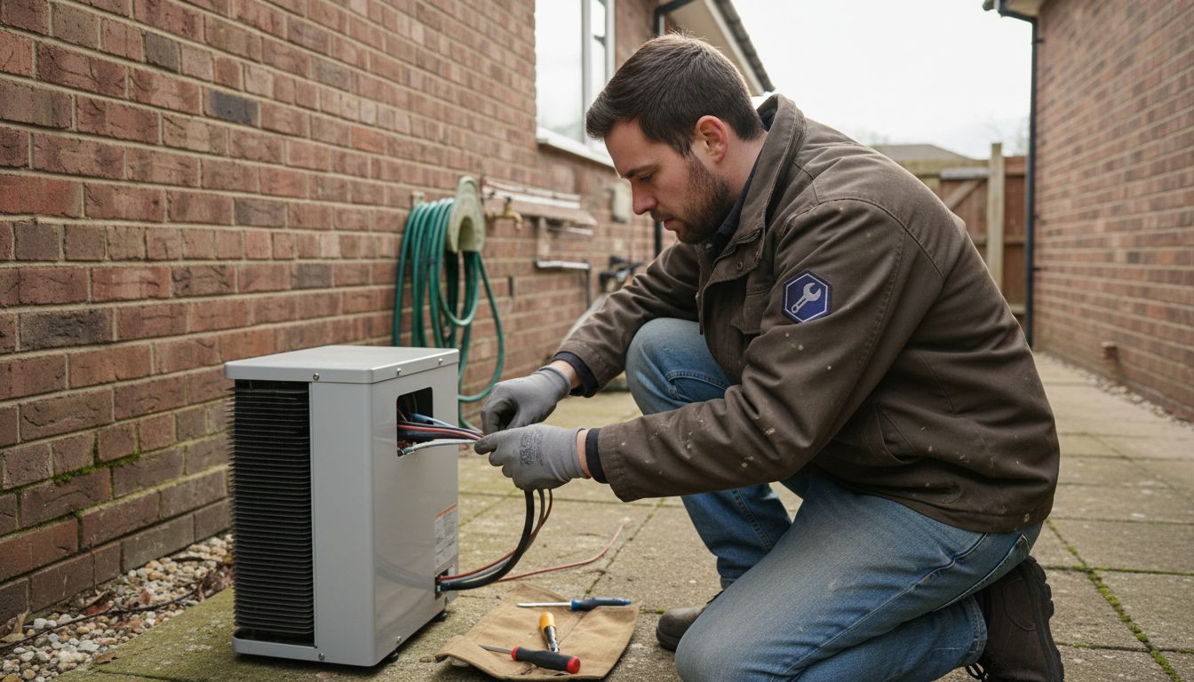 Technician working on home heat pump installation