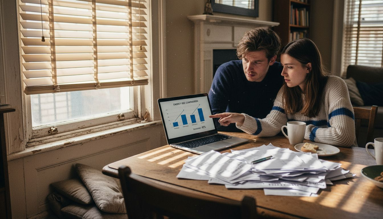 Couple reviewing energy bill for air leak savings