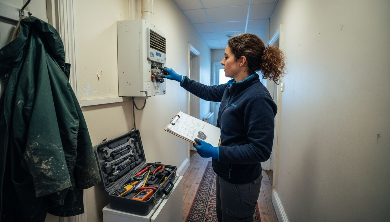 Energy assessor checking ventilation system