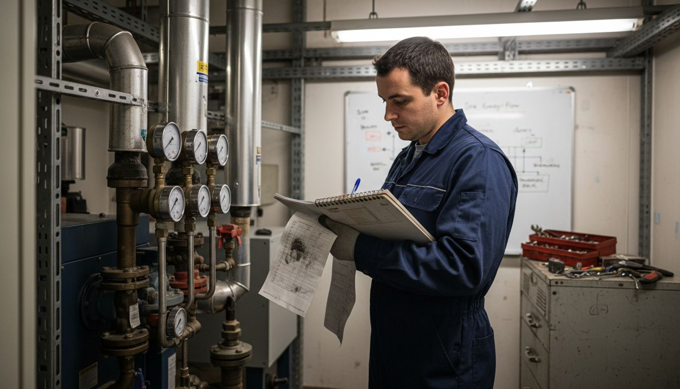 Technician inspecting CHP plant in boiler room