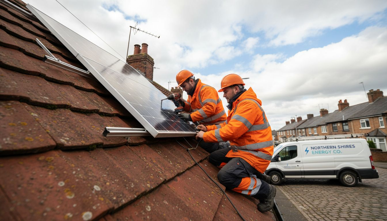 Installers fitting solar panels on UK roof