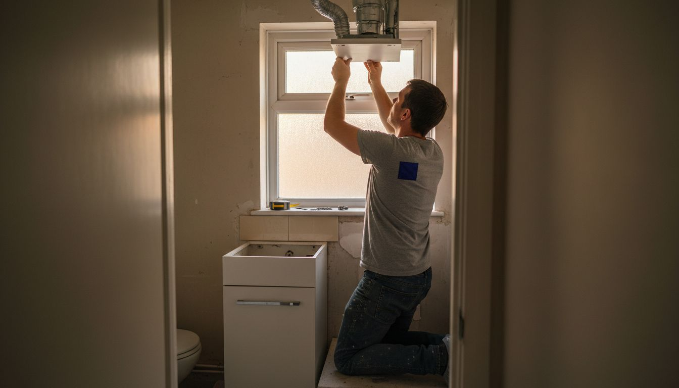 Installer connects MVHR ductwork in flat bathroom
