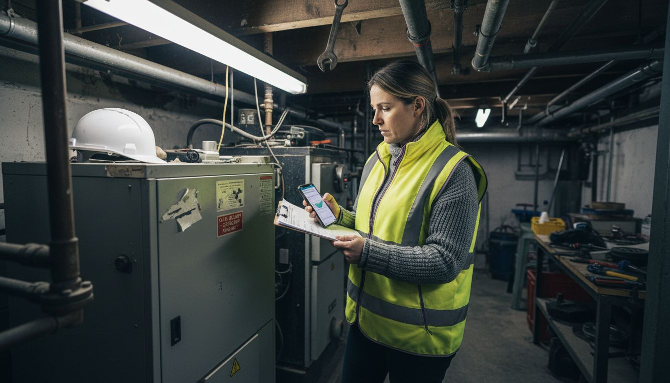 Energy assessor inspecting basement boiler system